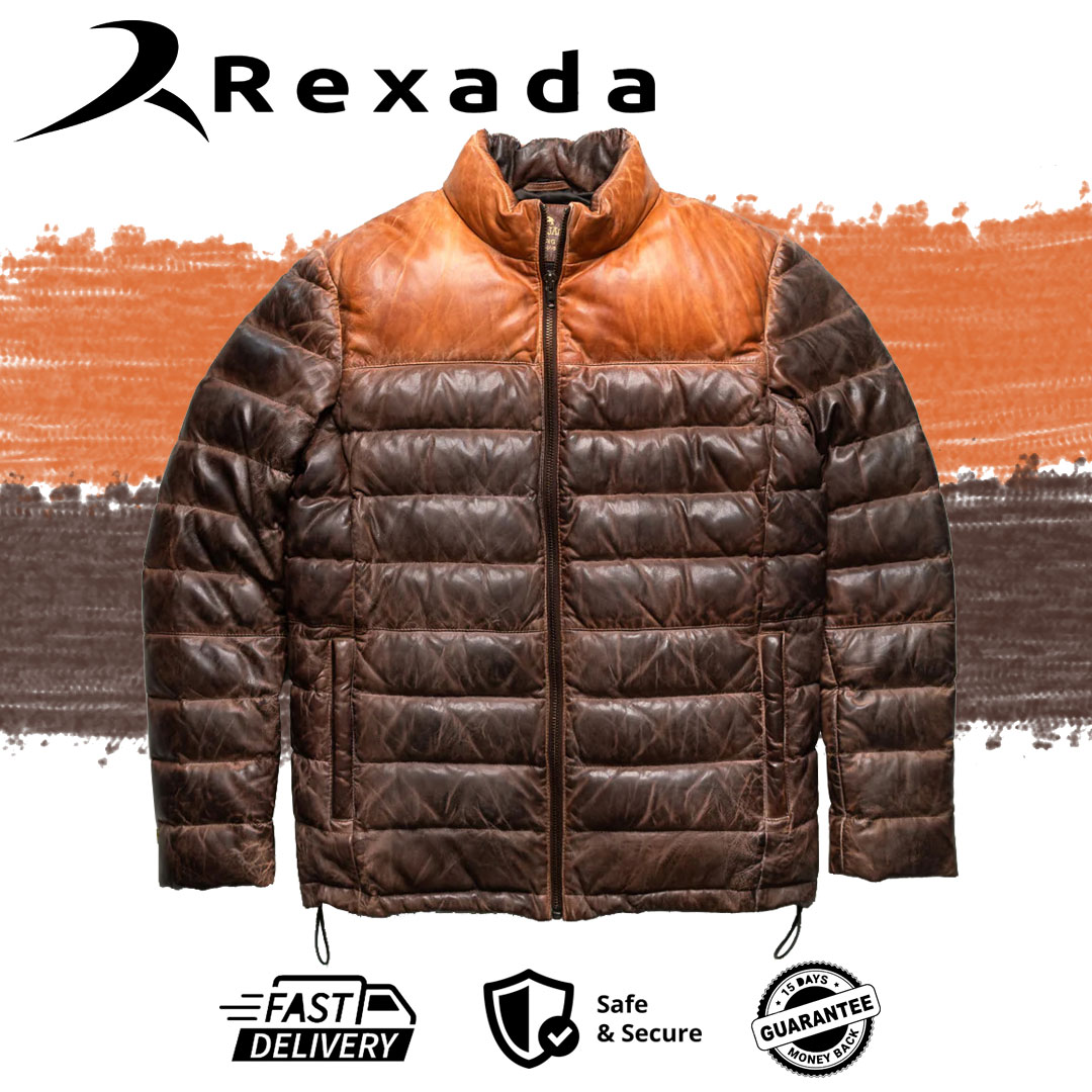 Tan & Brown Bridger Leather Down Jacket – Men’s Winter Luxury