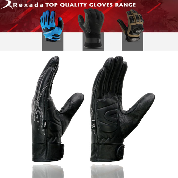Men's Black Leather ‘White Flame’ Cruising Hand Gloves W/ Gel Palm