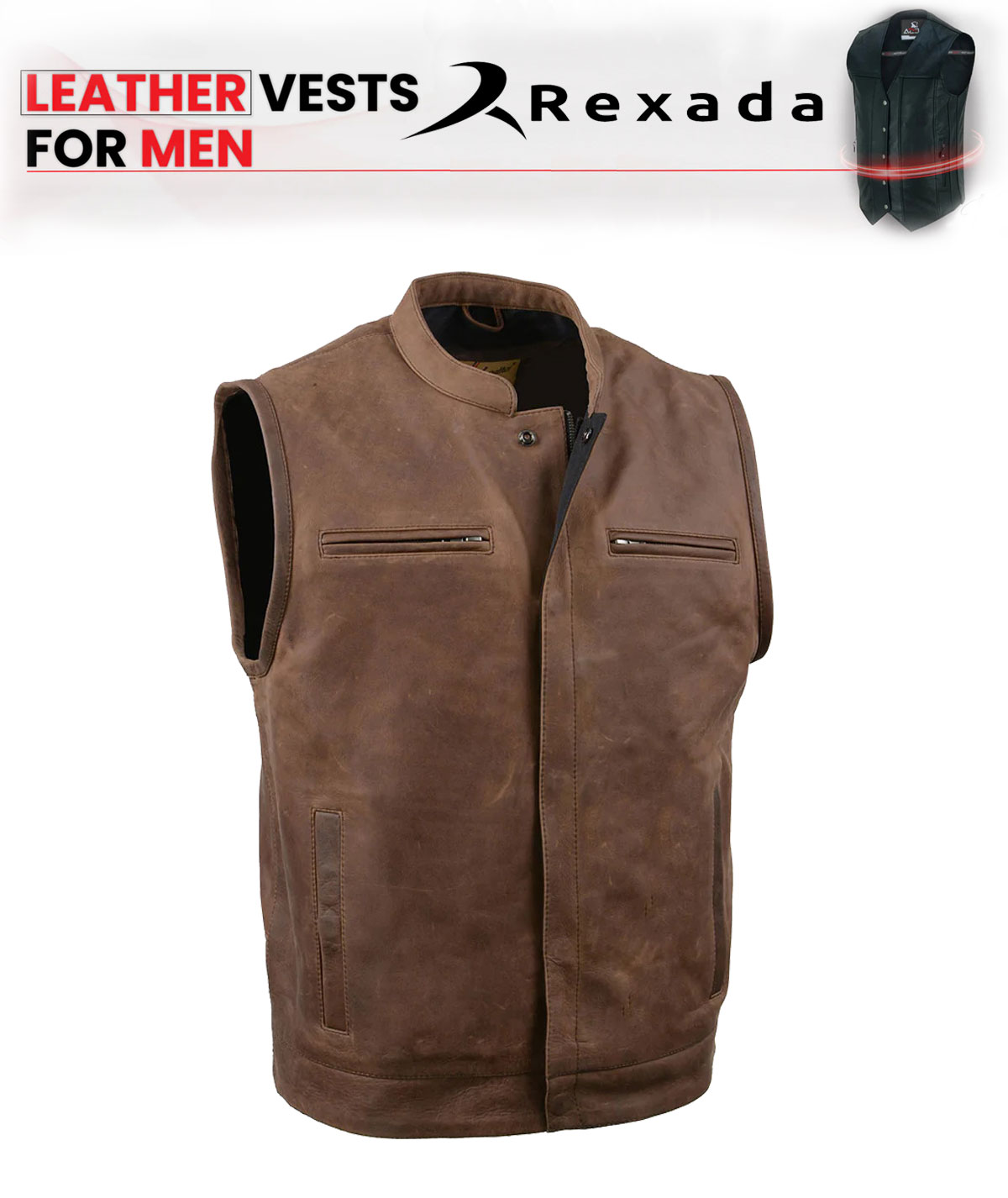 Men's “Gambler” Crazy Horse Brown Vintage Leather Vest - Club Style Motorcycle Rider Vest