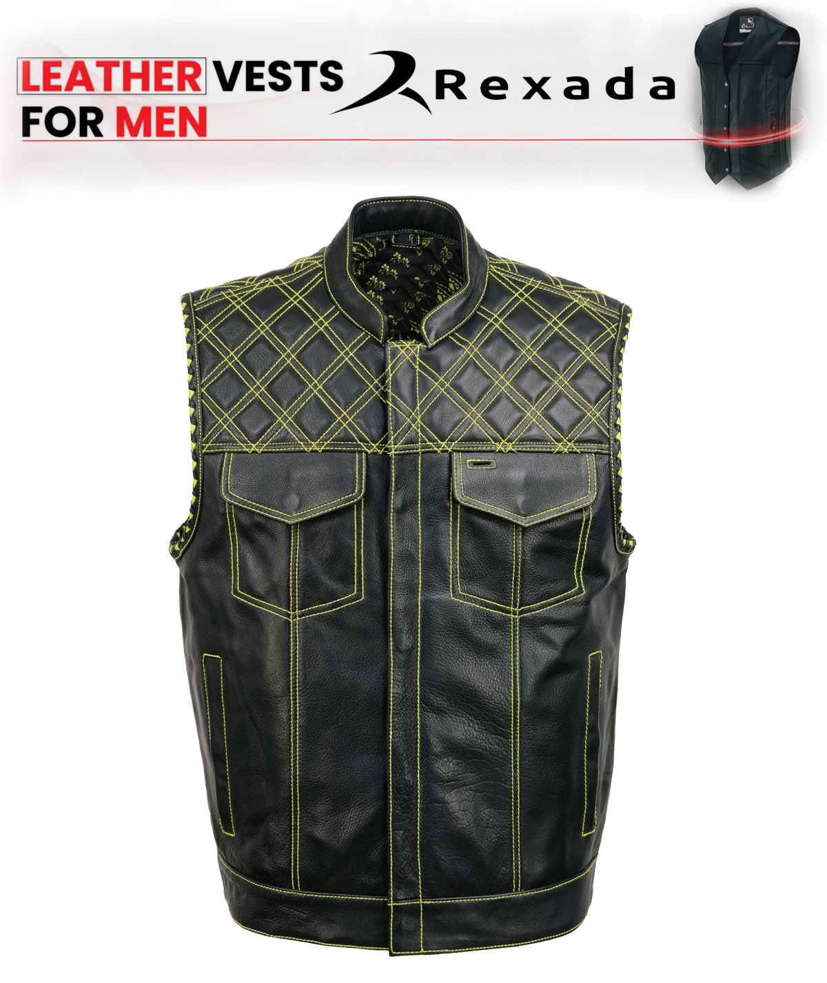 Men's Black Paisley Lined Leather Vest w/ Neon Green Stitching & Armhole Trim