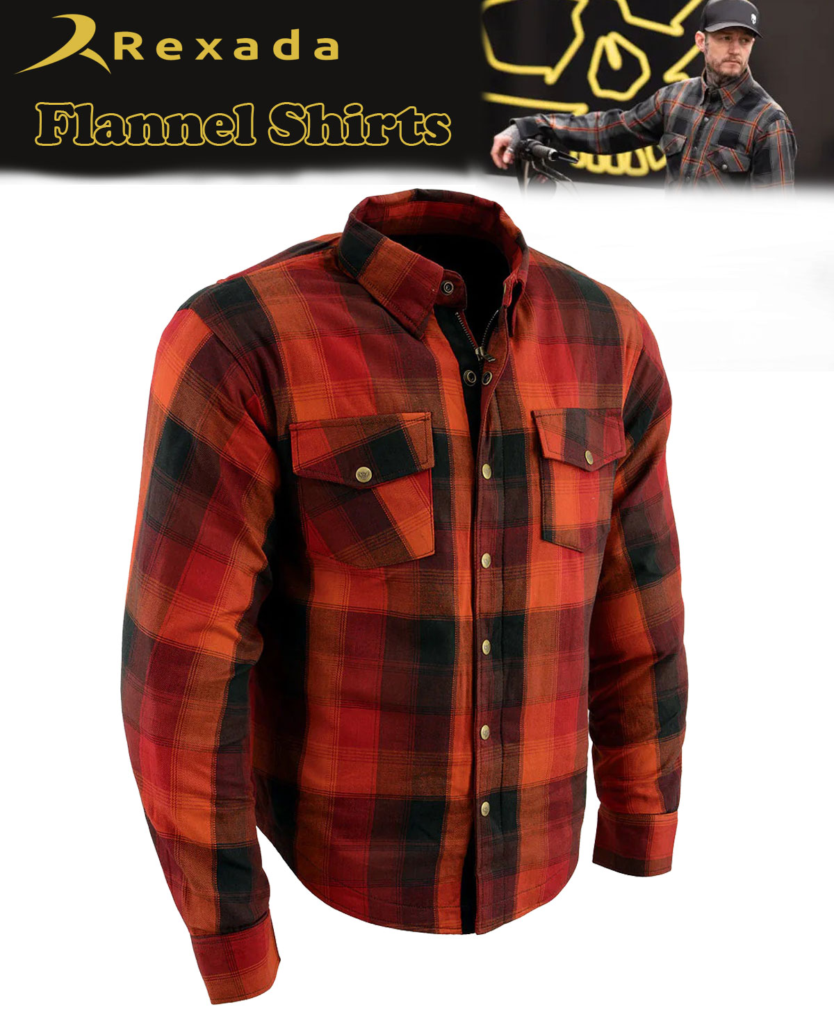 Men’s Plaid Flannel Biker Shirt with CE Approved Armor – Reinforced with Aramid Fiber