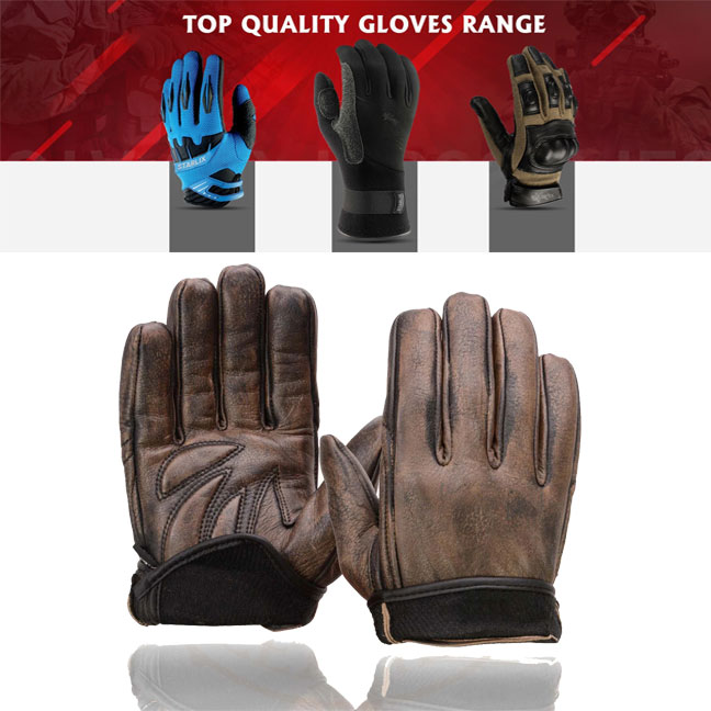 Men's Brown Leather Gel Padded Palm Short Wrist Motorcycle Hand Gloves W/ ‘Full Panel Cover’