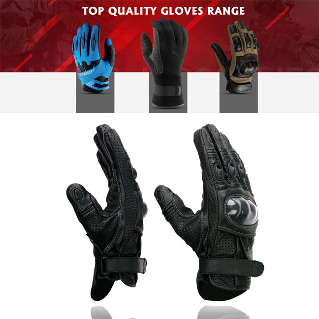 Men's Black Perforated Leather Racing Motorcycle Gloves w/ Padded Fingers