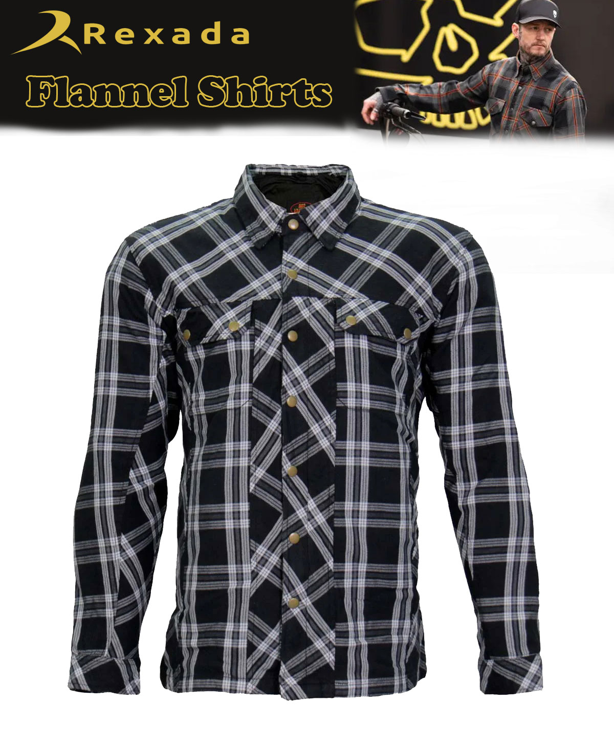 Men's Black and White Flannel Motorcycle Shirt-Jacket w/ CE Armor Protection