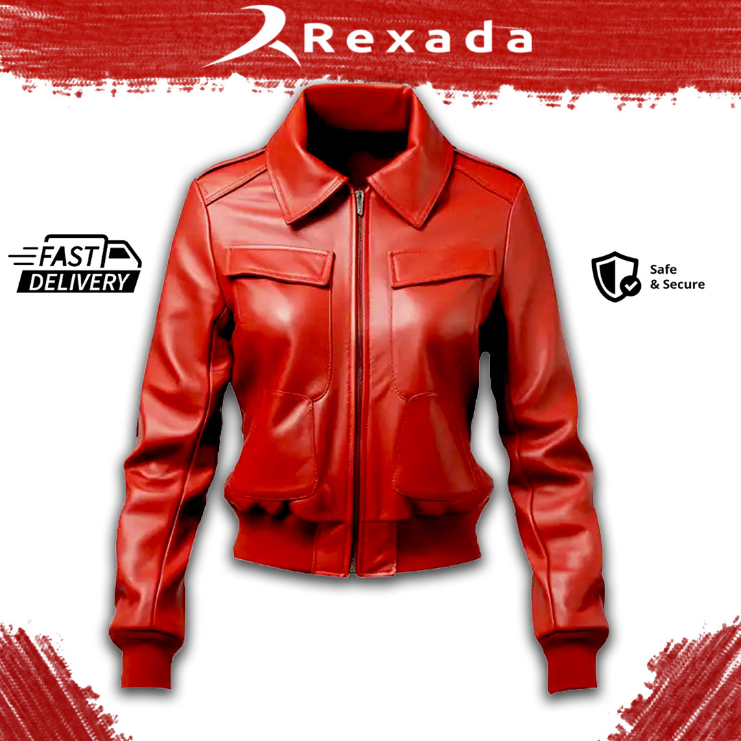 Rexada Amory Women’s Red Leather Bomber Jacket – Luxury Streetwear Fashion