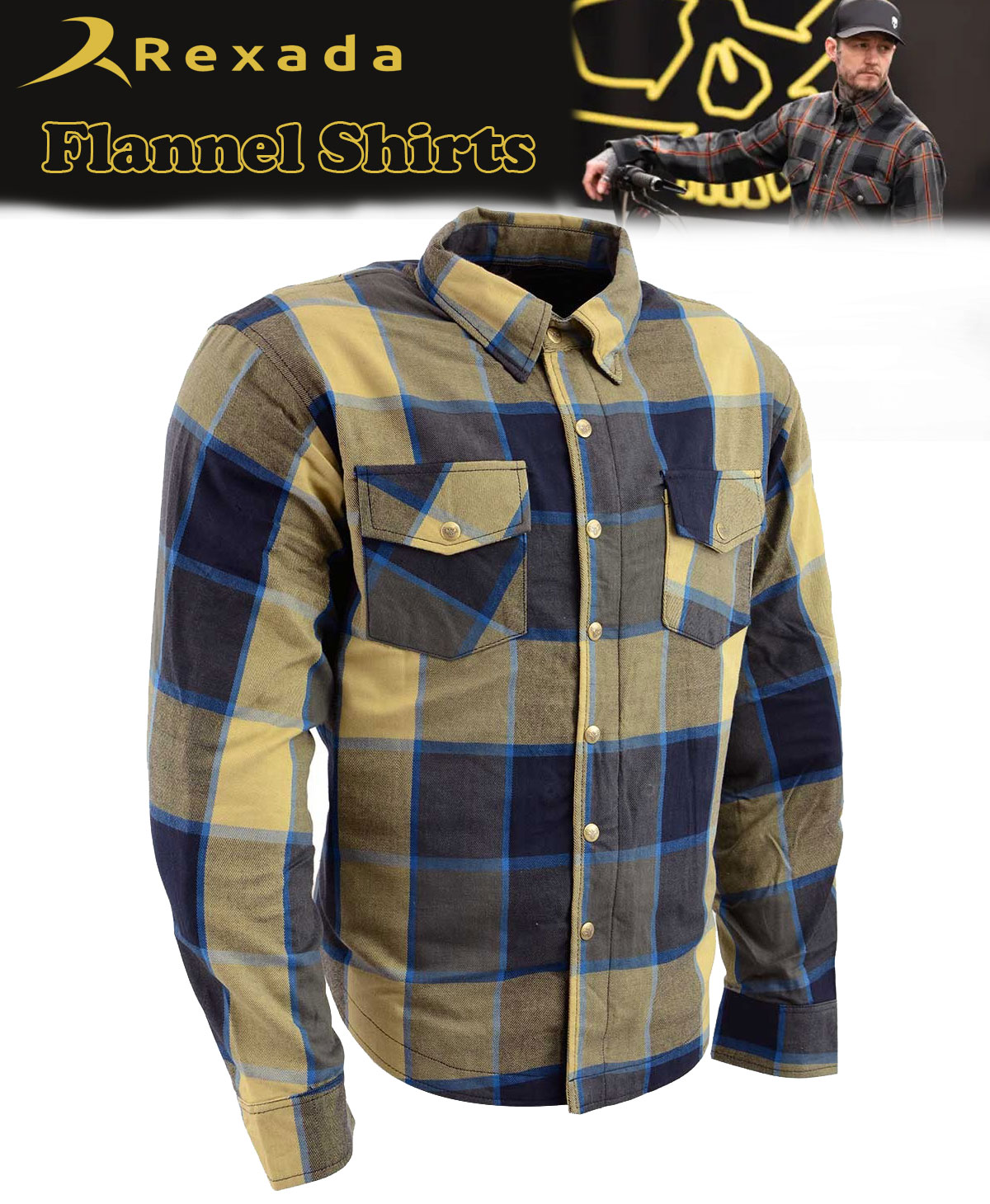 Men’s Plaid Flannel Biker Shirt with CE Approved Armor – Reinforced with Aramid Fibers