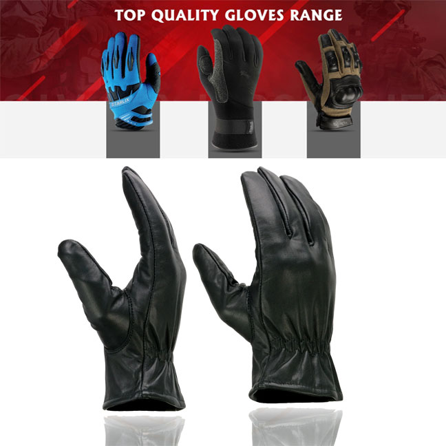 Men's Black Thermal Lined Leather Motorcycle Gloves w/ Cinch Wrist Closure