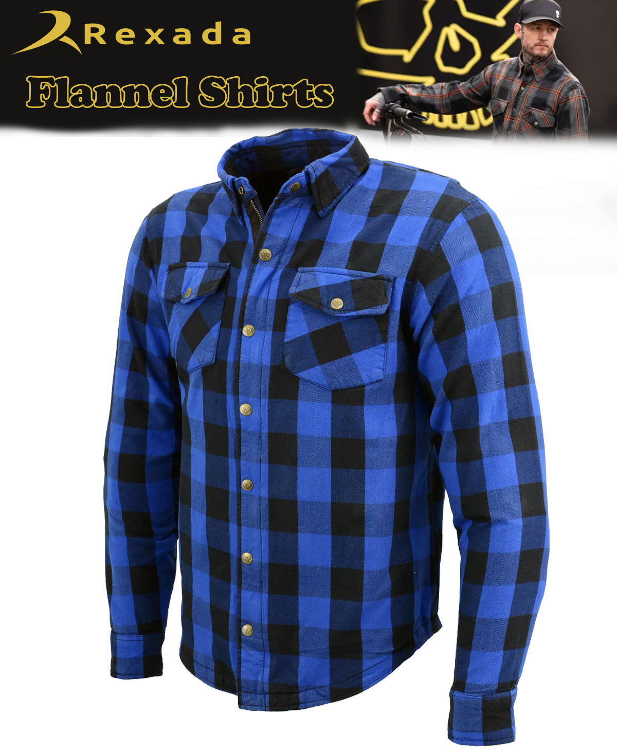 Men’s Plaid Blue Flannel Biker Shirt with CE Approved Armor – Reinforced with Aramid Fiber