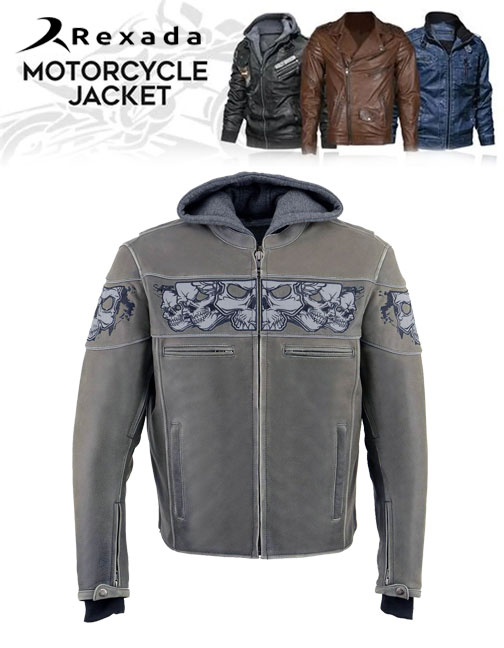 Men's Distressed Grey Leather Jacket with Reflective Skulls