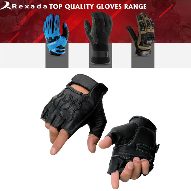  Men's Black Leather Gel Padded Palm Fingerless Motorcycle Hand Gloves W/ ‘Open Knuckle’ & Detailing