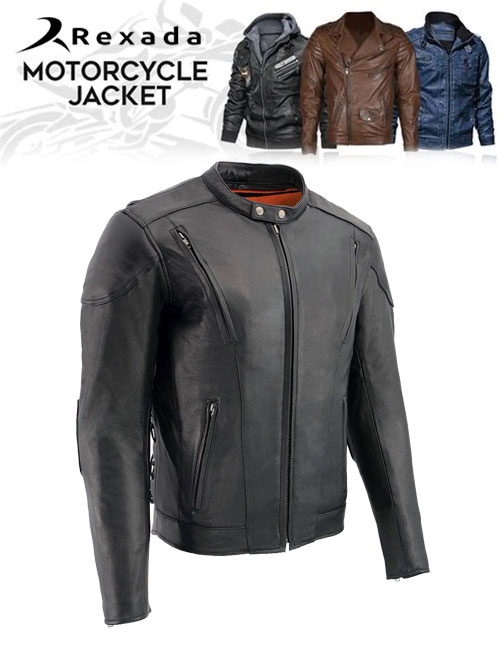 Men's Black Leather Racer Style Side Laced Motorcycle Jacket w/ Ventilation System