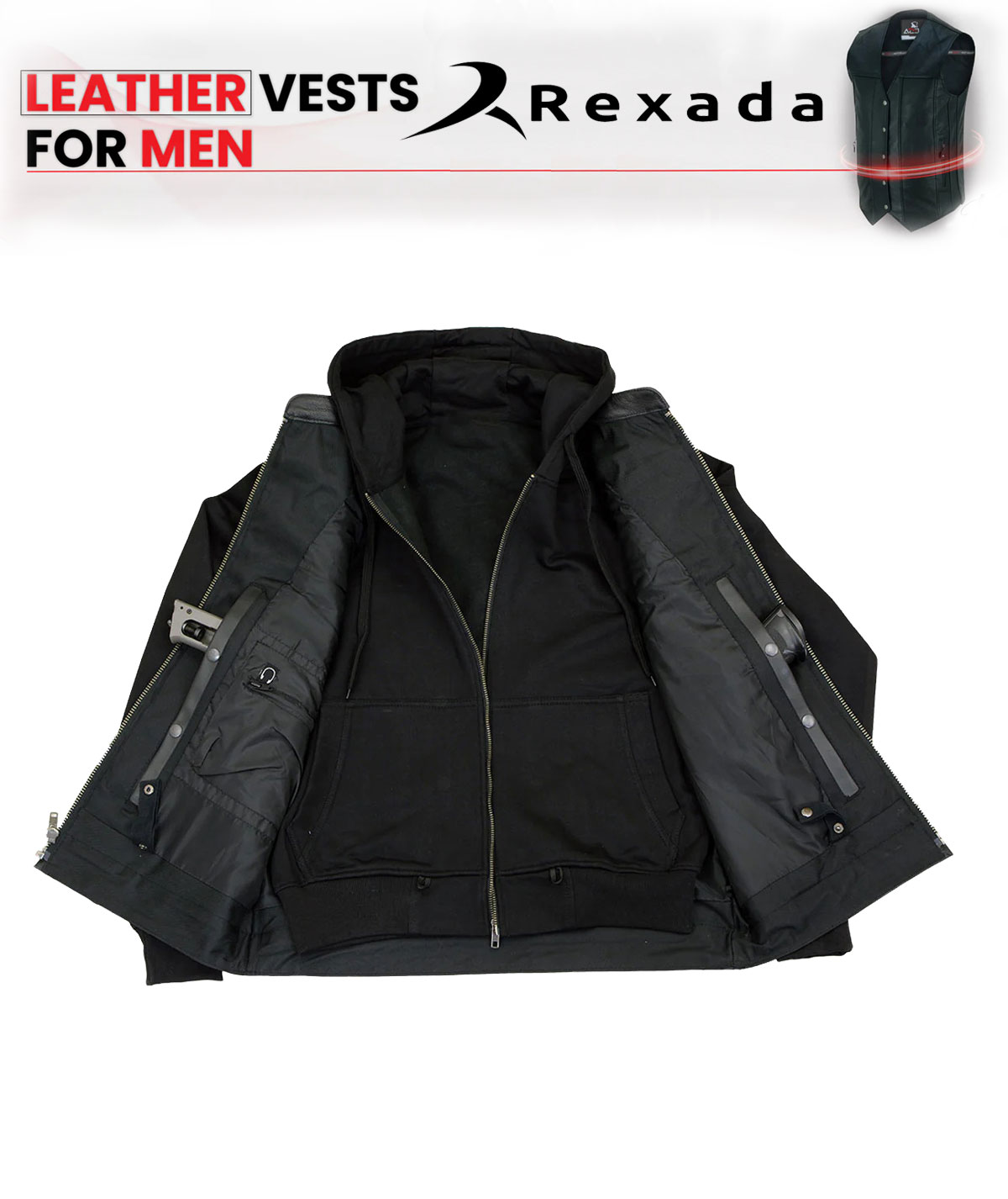 Men's Black Club Style '2 in 1' Zipper Leather Vest with Removable Full Sleeve Hoodie