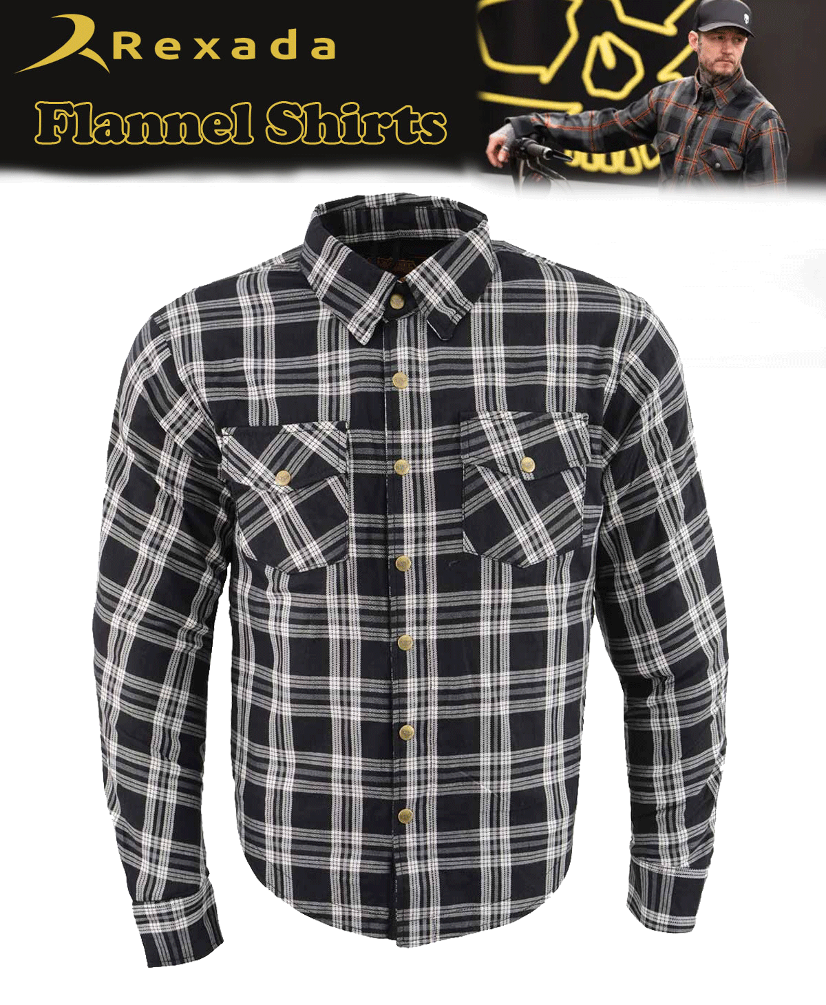 Men’s Plaid Flannel Biker Shirt with CE Approved Armor – Reinforced with Aramid Fiber