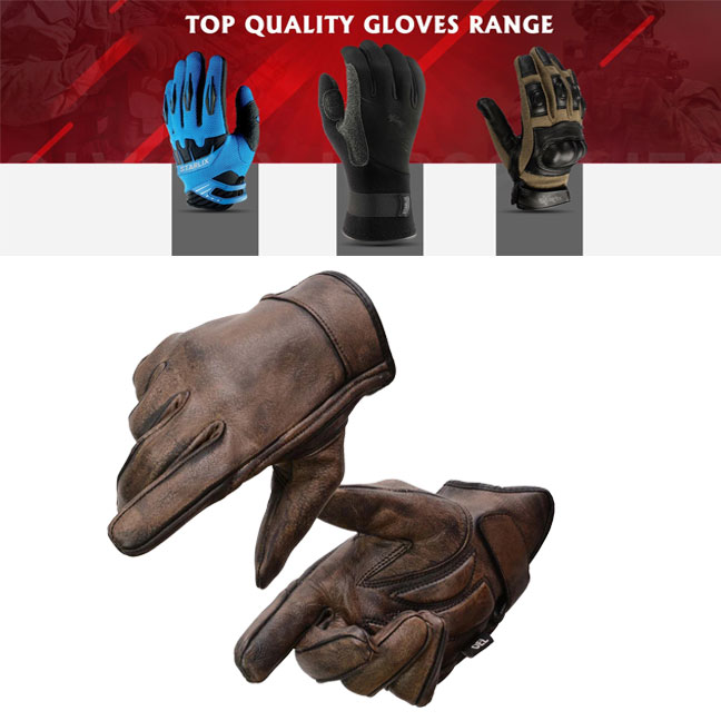 Men's Brown Leather Gel Padded Palm Short Wrist Motorcycle Hand Gloves W/ ‘Full Panel Cover’