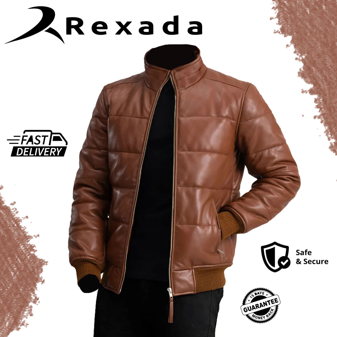 Aero Brown Leather Puffer Bomber Jacket | Stylish Men’s Winter Outerwear