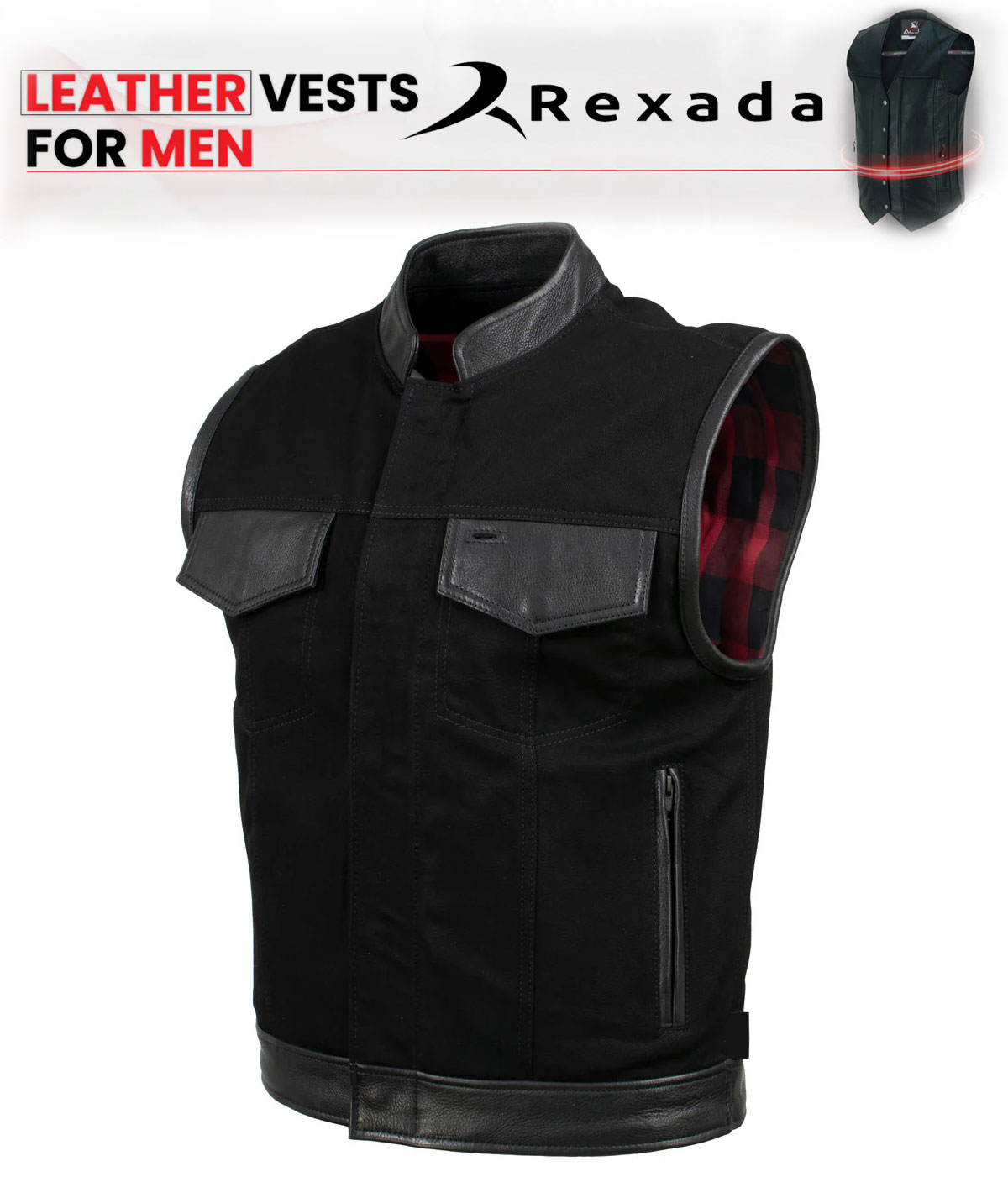 Men's Black Burn Out Denim and Leather Motorcycle Vest with Plaid Red Lining