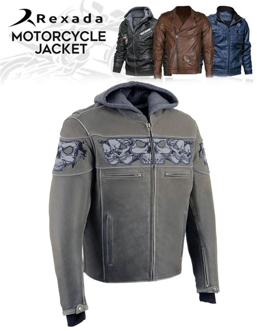 Men's Distressed Grey Leather Jacket with Reflective Skulls