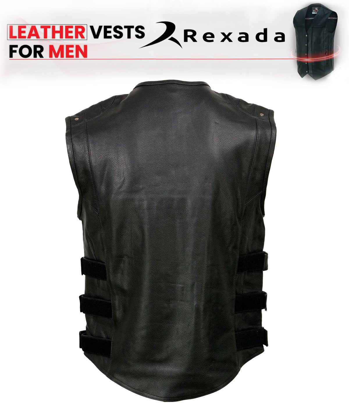 Men's Black Premium Leather V-Neck Motorcycle Rider Vest w/ Buffalo Nickel Snaps Closure