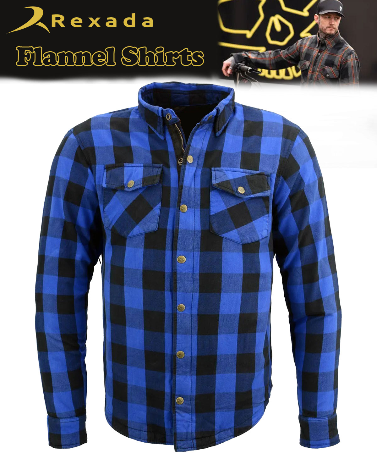 Men’s Plaid Blue Flannel Biker Shirt with CE Approved Armor – Reinforced with Aramid Fiber