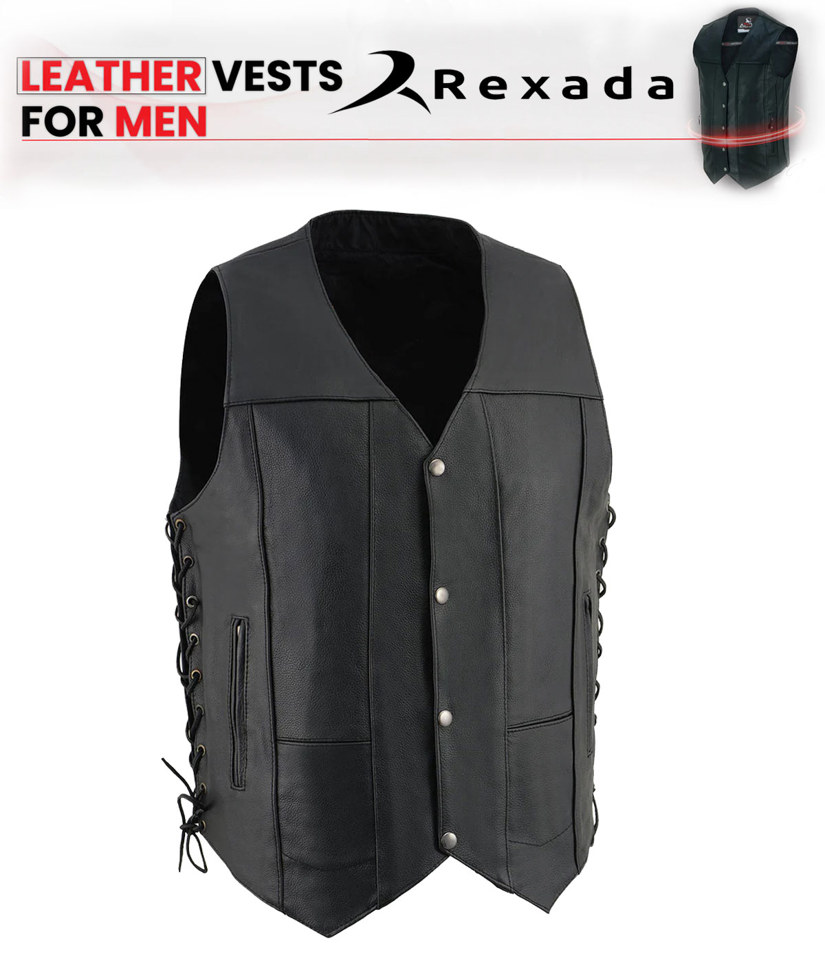 eather USA MADE MLVSM5008 Men's Black Buster Side Lace Premium Motorcycle Leather Vest