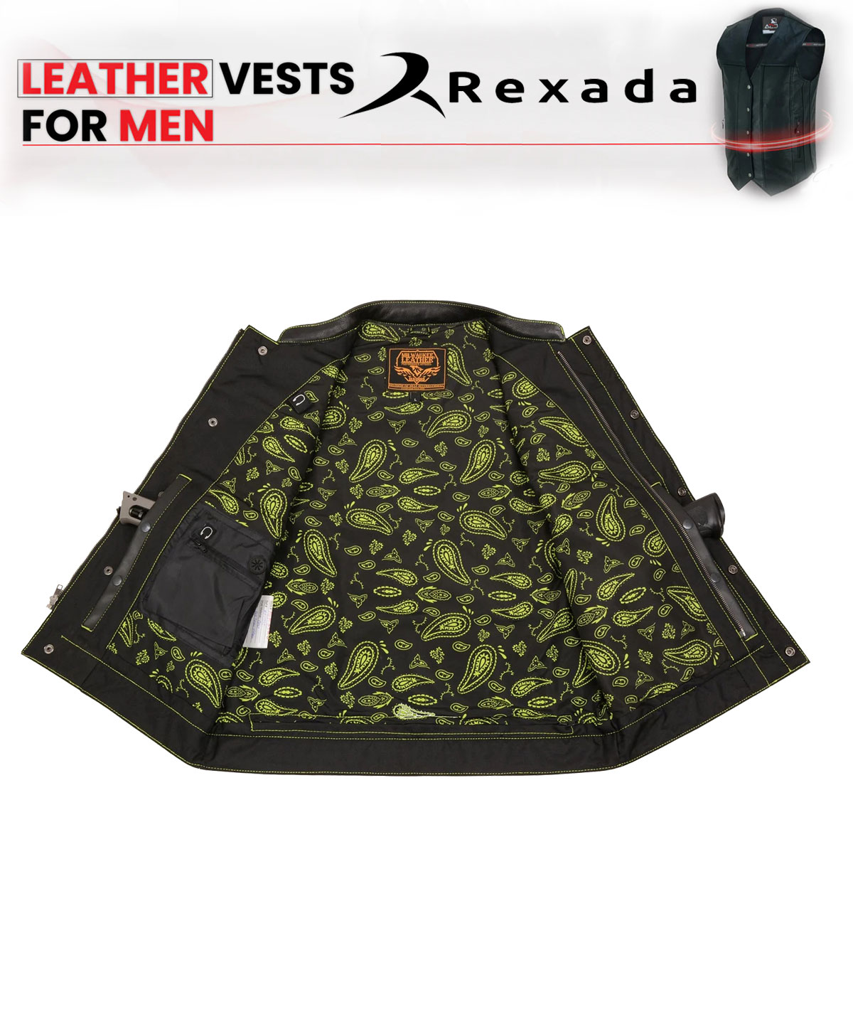 Men's Black Paisley Lined Leather Vest w/ Neon Green Stitching & Armhole Trim