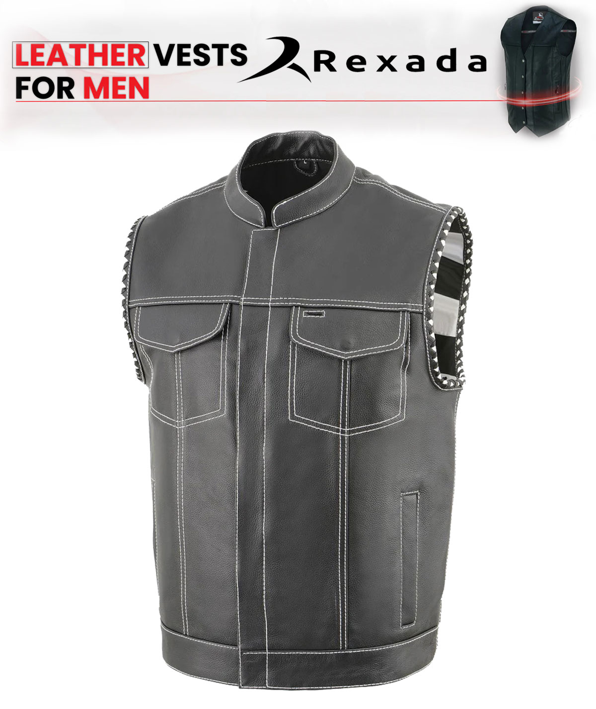  Men's Black Premium Leather Vest - Old Glory Laced Armholes White Stitching Club Style Vest