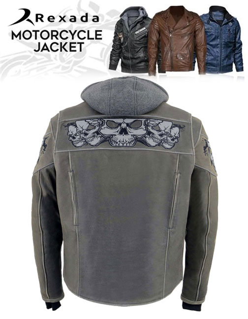 Men's Distressed Grey Leather Jacket with Reflective Skulls