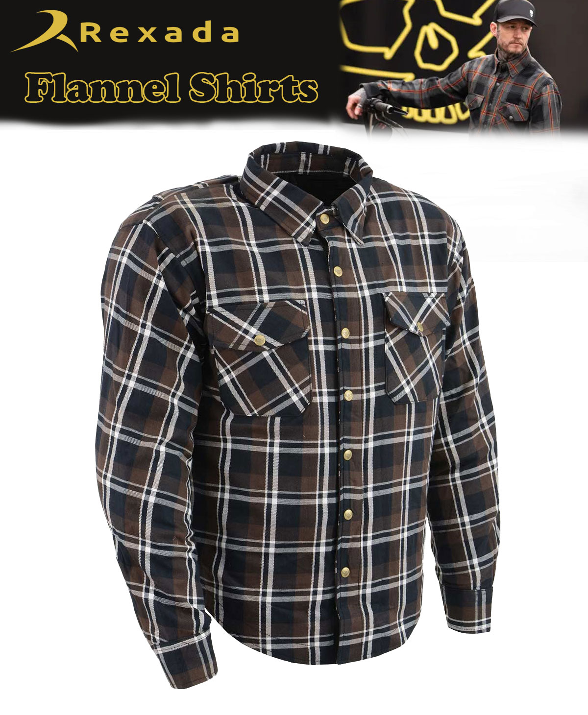 Men’s Plaid Flannel Biker Shirt with CE Approved Armor – Reinforced with Aramid Fiber