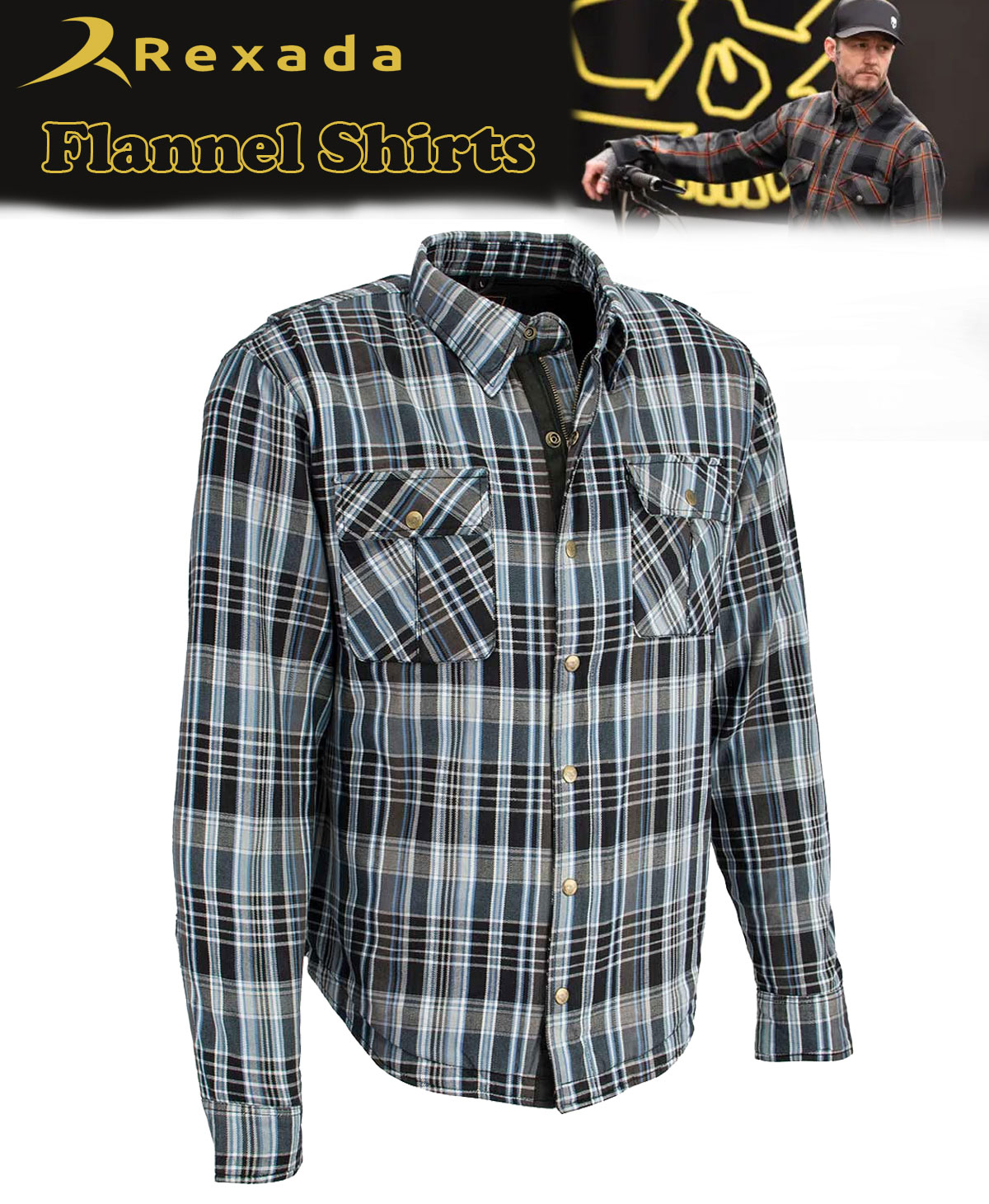 Men’s Plaid Flannel Biker Shirt with CE Approved Armor – Reinforced with Aramid Fiber