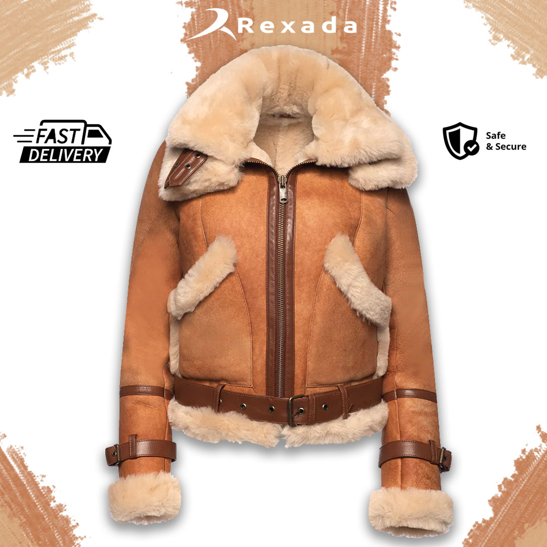 Elara Women’s Vintage Shearling Bomber Jacket – Tan Leather Style