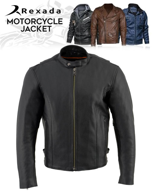 Men's Black Classic Scooter Style Leather Motorcycle Jacket w/ Removable Thermal Liner