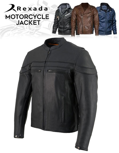  Men's Sporty Crossover Vented Black Motorcycle Leather Scooter Jacket
