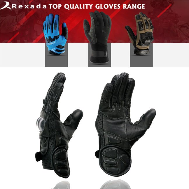 Men's Black Leather Gauntlet Padded Back Racing Motorcycle Hand Gloves W/ Reflective Piping.