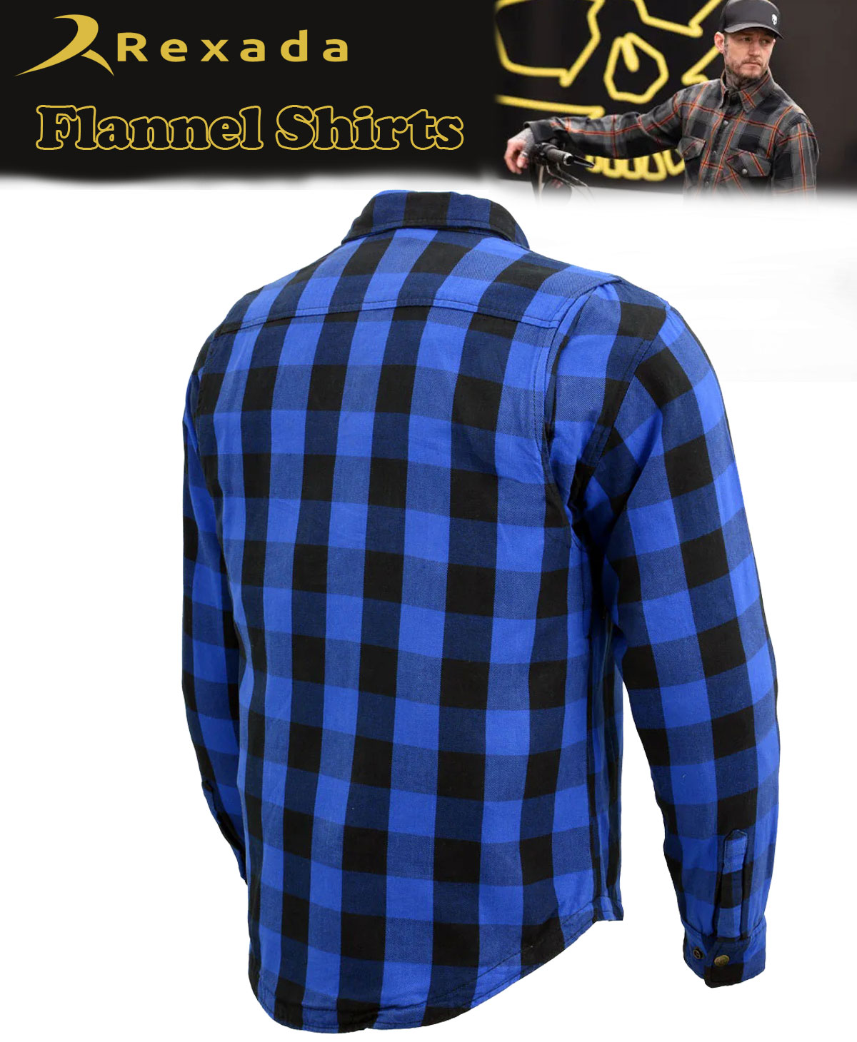 Men’s Plaid Blue Flannel Biker Shirt with CE Approved Armor – Reinforced with Aramid Fiber
