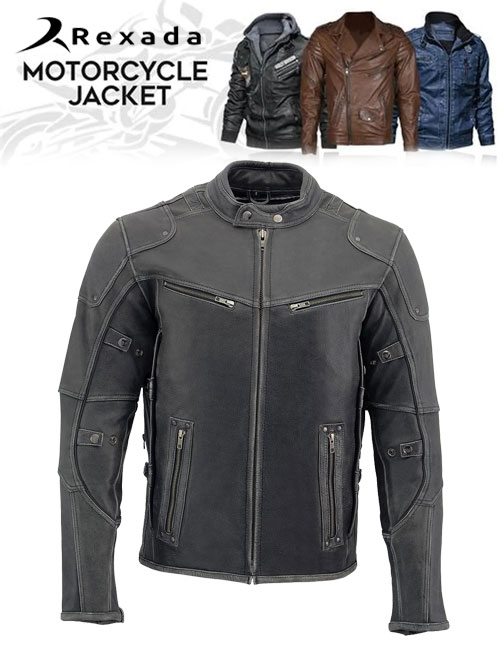 Mens Vintage Distressed Grey Leather Scooter Style Motorcycle Jacket - Reflective Piping