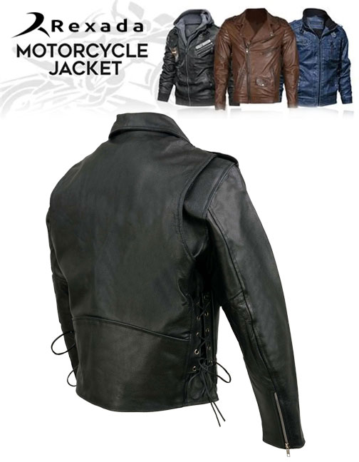 Men's Classic Brando Premium Leather Black Motorcycle Riders Leather Jacket w/ Side Laces  