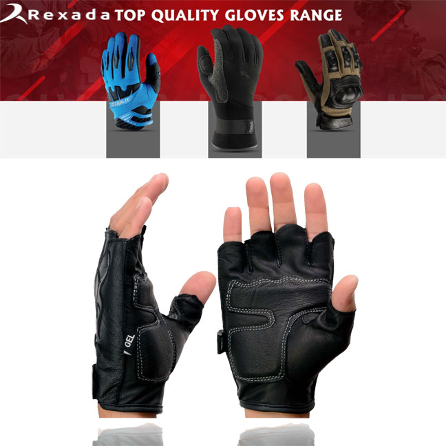  Men's Black Leather Gel Padded Palm Fingerless Motorcycle Hand Gloves W/ ‘Open Knuckle’ & Detailing