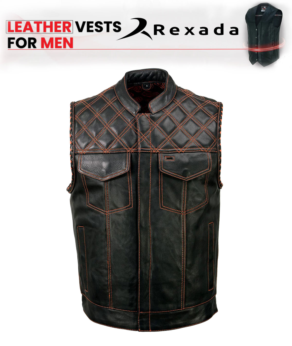  Men's Black 'Paisley' Accented Red Stitching Leather Vest – w/ Armhole Trim Open Collar Design