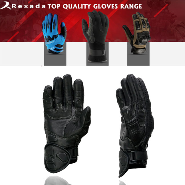 Men's Black Leather Gauntlet Padded Back Racing Motorcycle Hand Gloves W/ Reflective Piping.