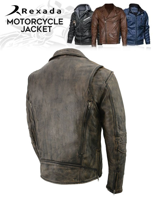 Men's Classic Beltless Distressed Brown Leather Triple Stitched Motorcycle Biker Jacket