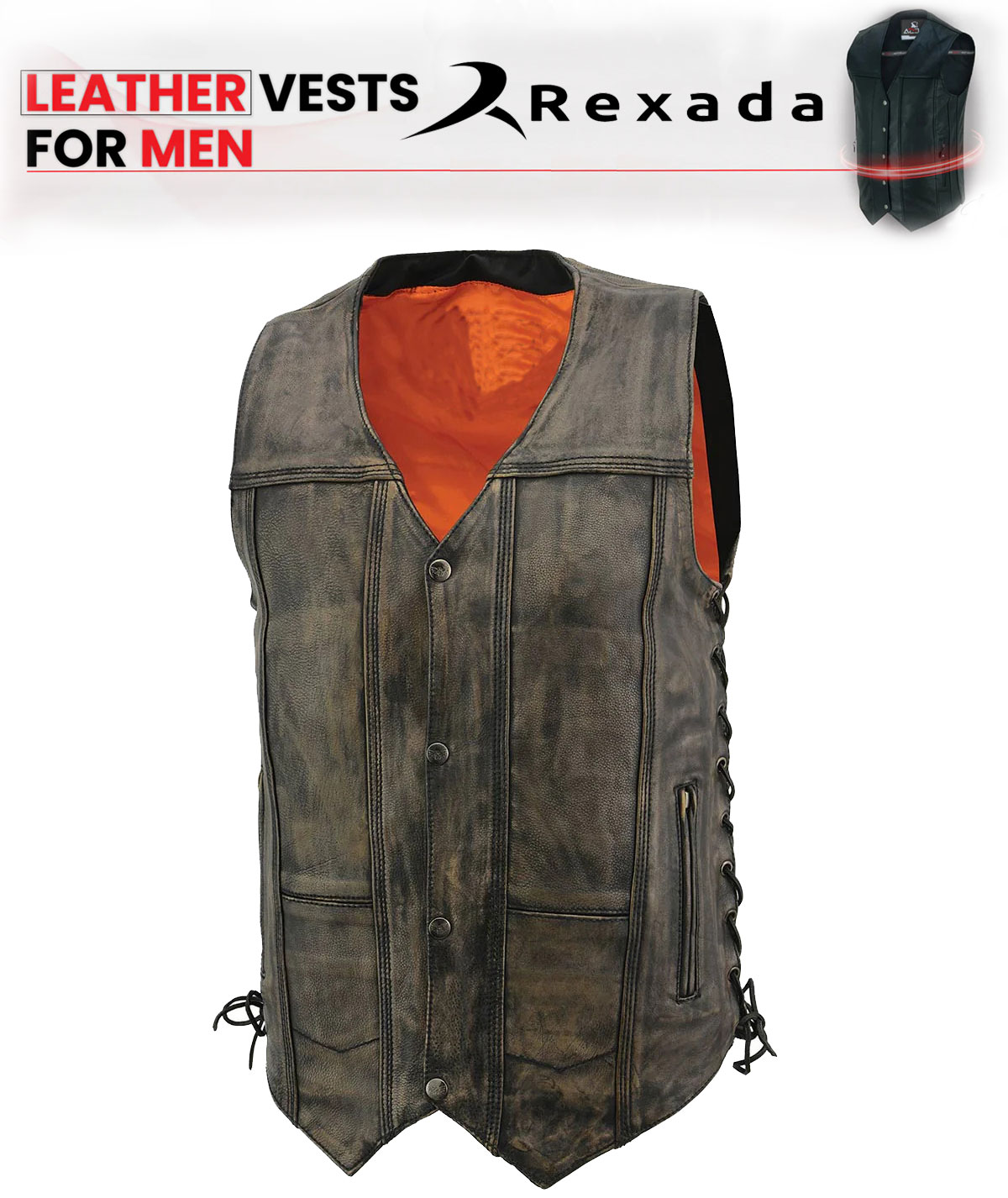 Men's Roulette Distressed Brown 10 Pocket Motorcycle Leather Vest