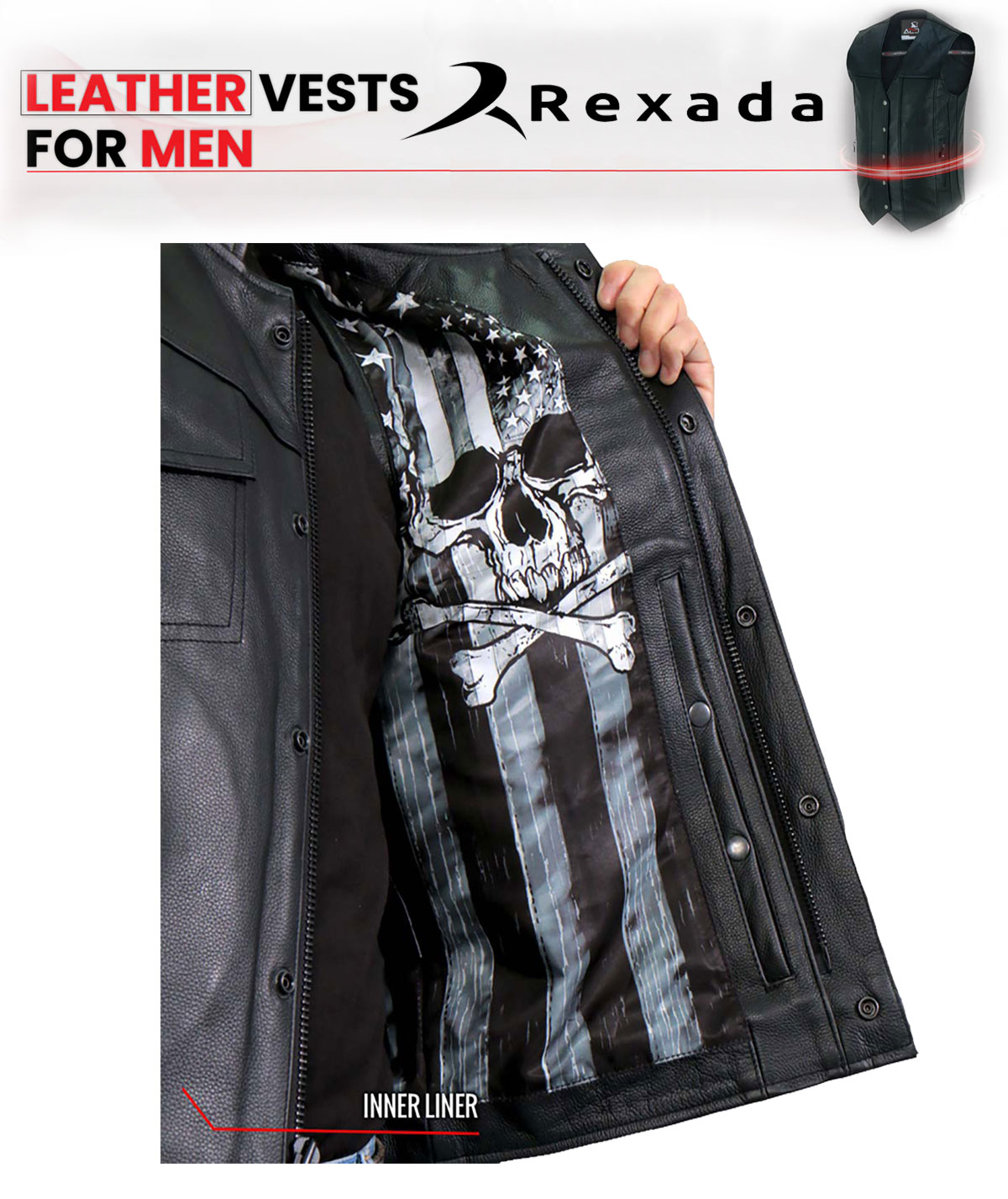 Men’s Black 'Skull Flag' Conceal and Carry Leather Vest