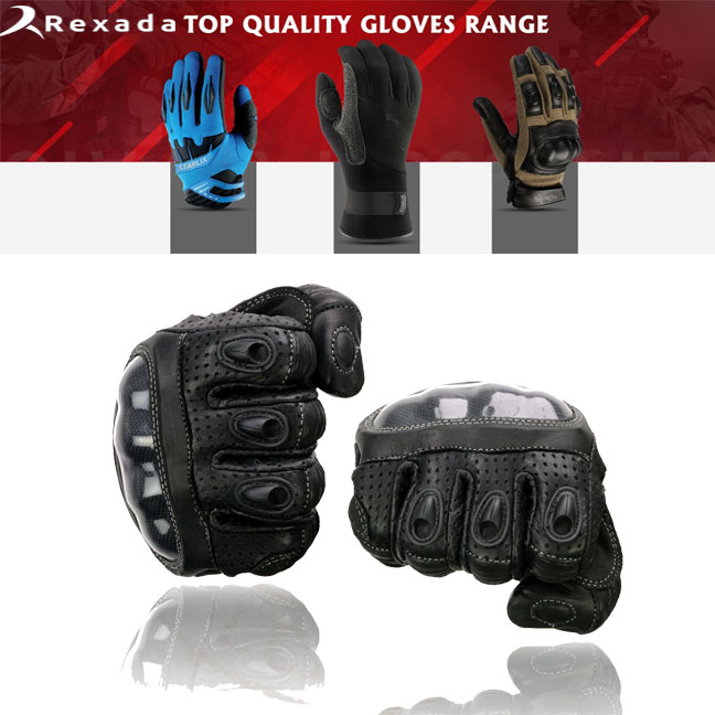 Men's Black Leather Gauntlet Padded Back Racing Motorcycle Hand Gloves W/ Reflective Piping.