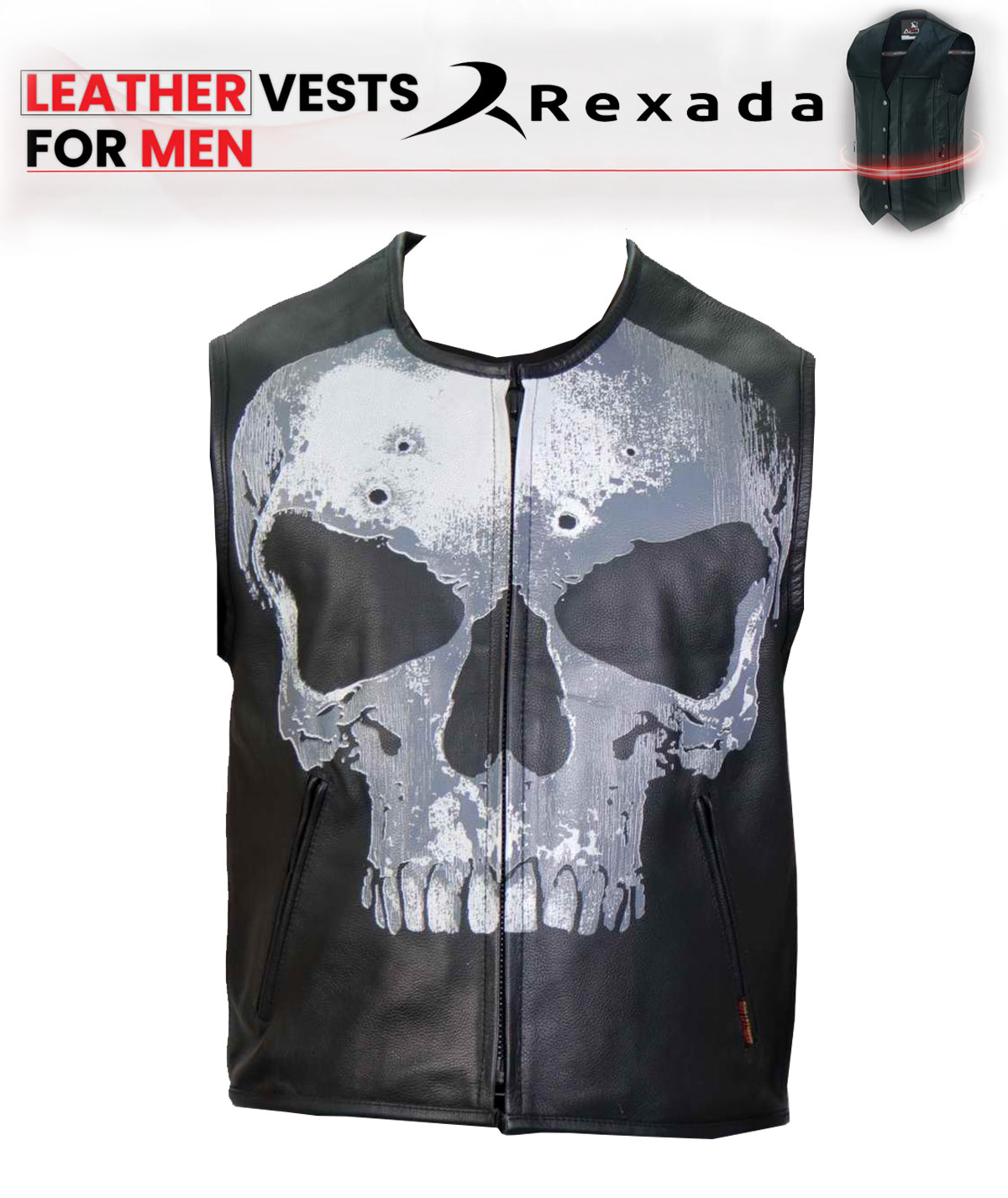  Men's Black ‘Jumbo Skull’ Conceal and Carry Leather Vest