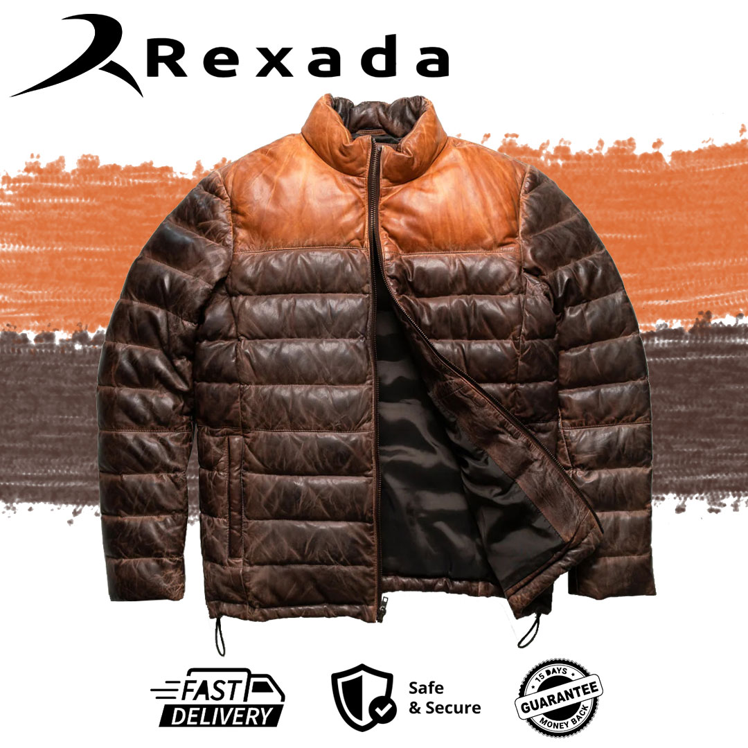 Tan & Brown Bridger Leather Down Jacket – Men’s Winter Luxury