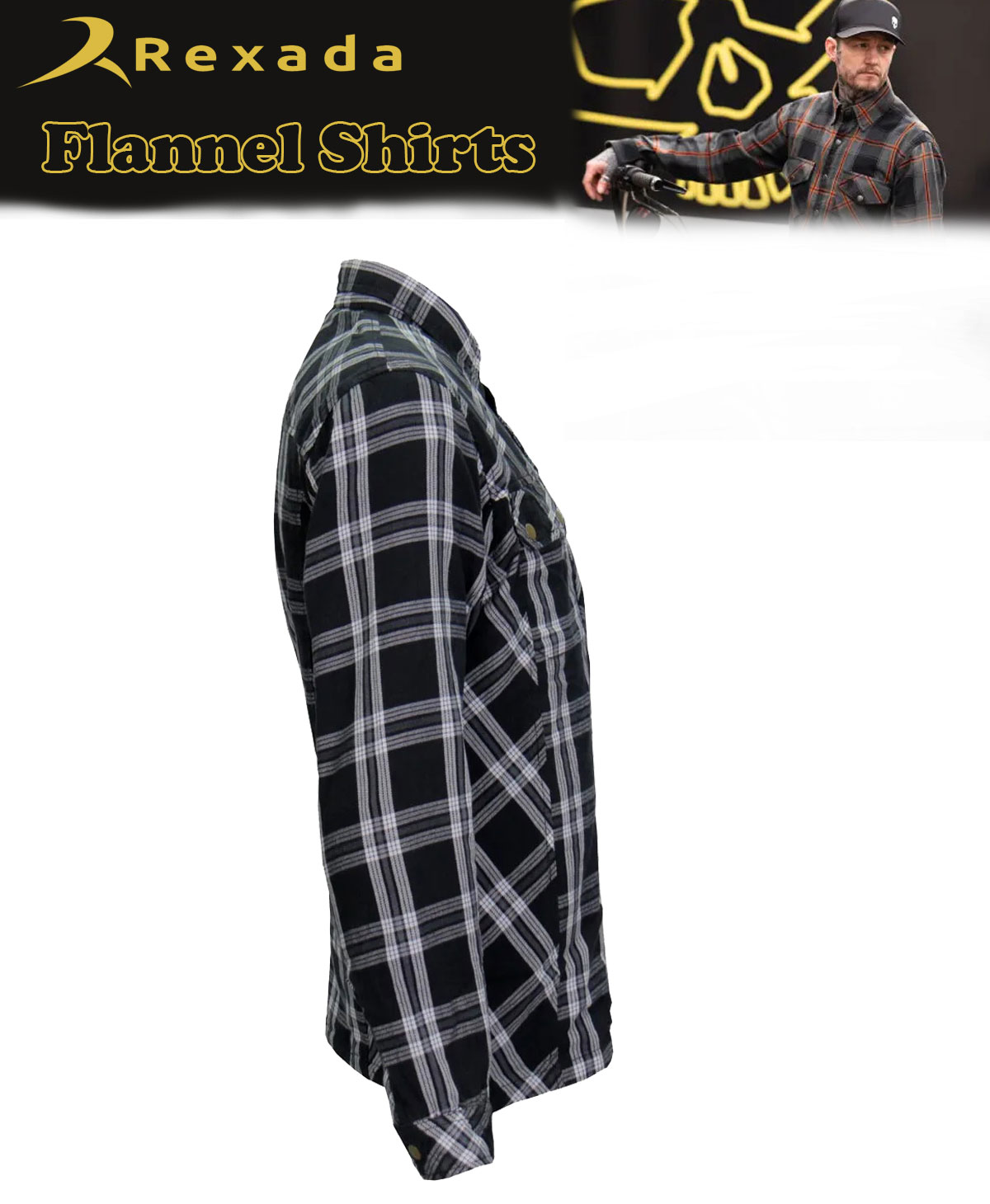 Men's Black and White Flannel Motorcycle Shirt-Jacket w/ CE Armor Protection