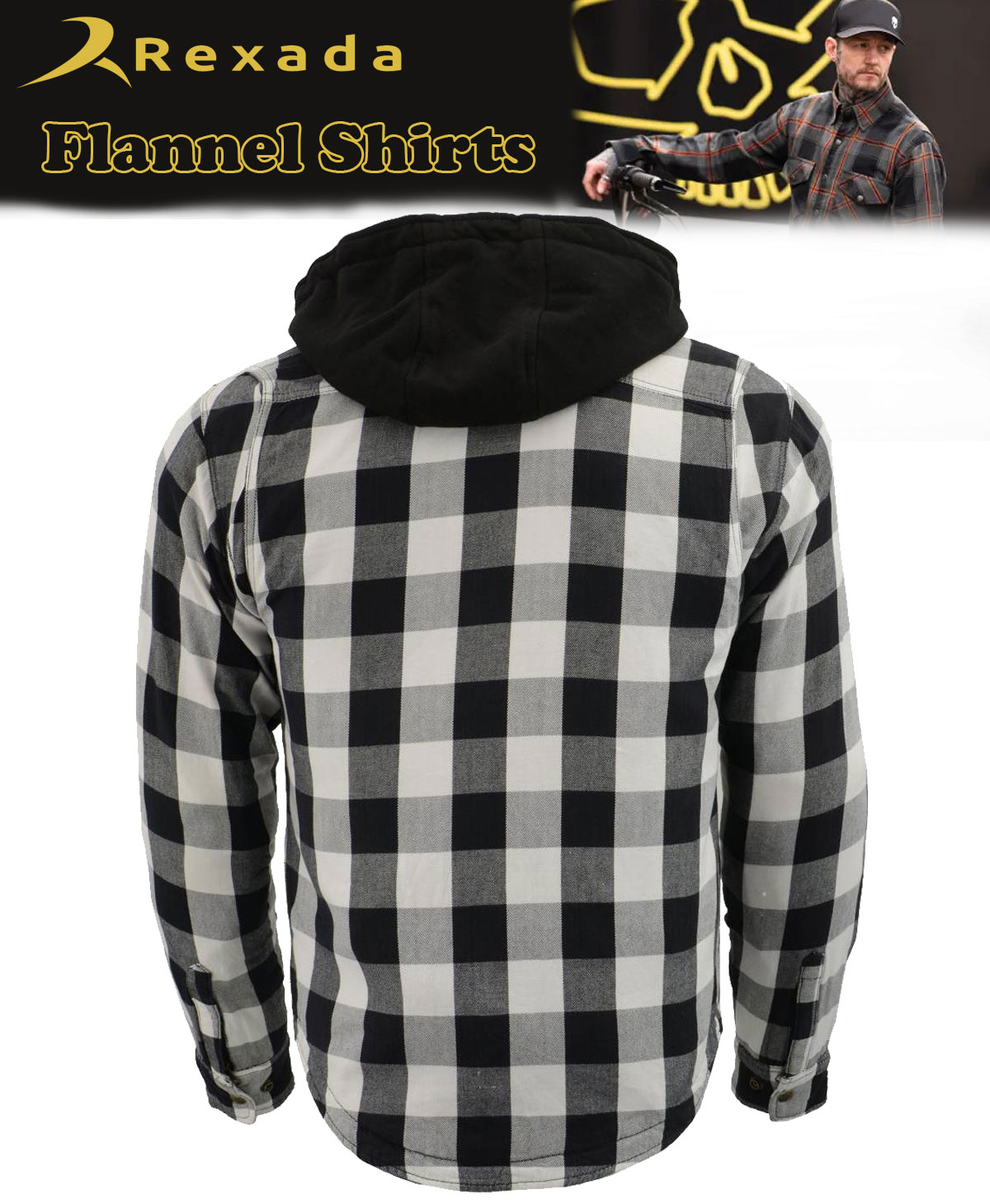 Men’s Plaid Hooded Flannel Biker Shirt with CE Approved Armor – Reinforced with Aramid Fibers