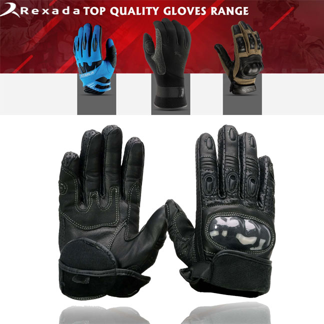 Men's Black Leather Gauntlet Padded Back Racing Motorcycle Hand Gloves W/ Reflective Piping.