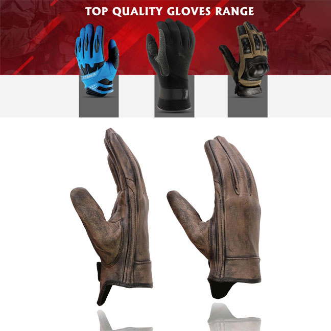 Men's Brown Leather Gel Padded Palm Short Wrist Motorcycle Hand Gloves W/ ‘Full Panel Cover’