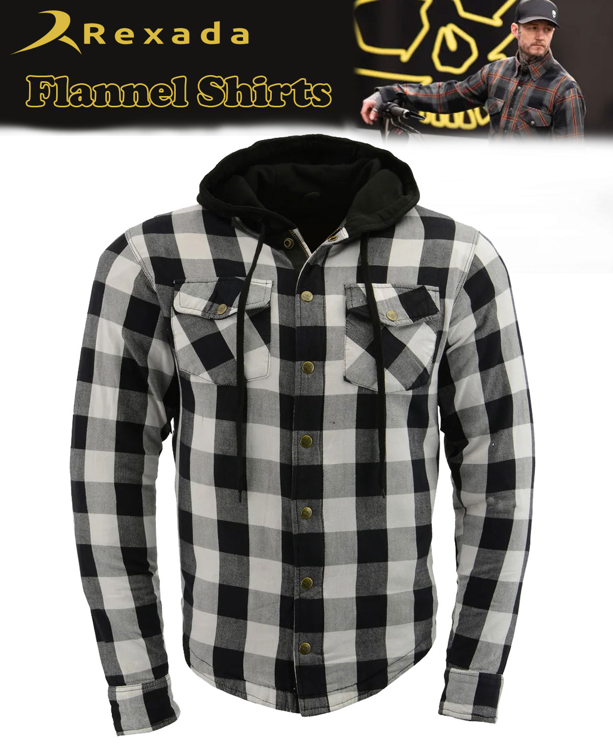 Men’s Plaid Hooded Flannel Biker Shirt with CE Approved Armor – Reinforced with Aramid Fibers